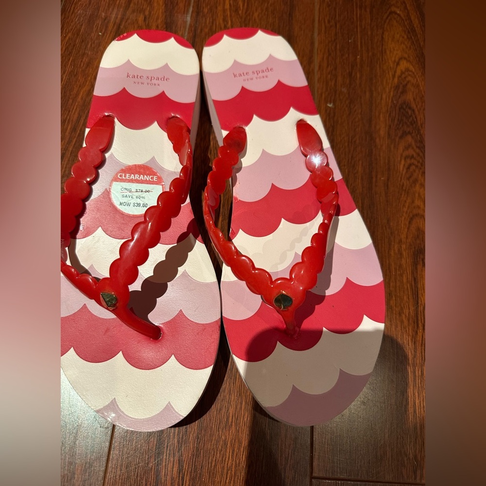Kate Spade Red and Pink Scalloped Flip Flops with size flaw